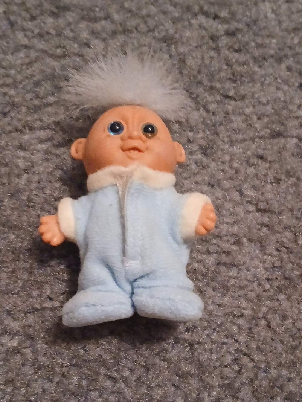 Vintage Small Doll in Light Blue Outfit with White Hair Baby Troll